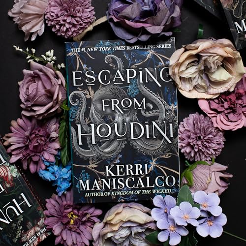 Book cover for "Escaping From Houdini" surrounded by purple and pink flowers.