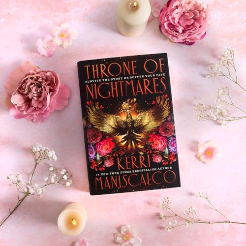 Book cover, “Throne of Nightmares,” with a phoenix and floral design.