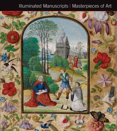Medieval manuscript illustration featuring figures in a landscape surrounded by a floral border.