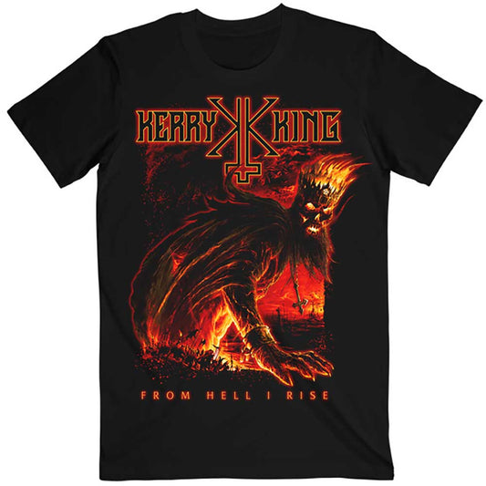 Black t-shirt with graphic of Slayer guitarist Kerry King, text “From Hell I Rise”.