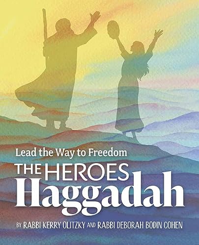 Haggadah cover with silhouetted figures raising arms against a colorful wash.