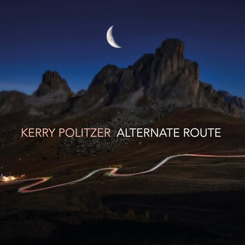 A crescent moon shines over dark mountains with a winding light trail below.