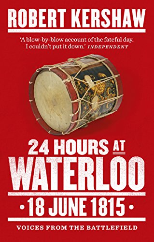 Book cover: red background, drum image, title “24 Hours at Waterloo.”