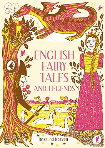 Book cover with dragon, princess, witch, and swans in illustrated style.