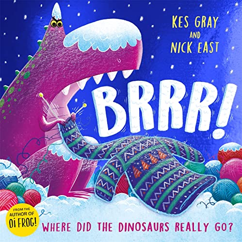 Illustration of a pink dinosaur knitting colorful zigzag scarves in the snow.