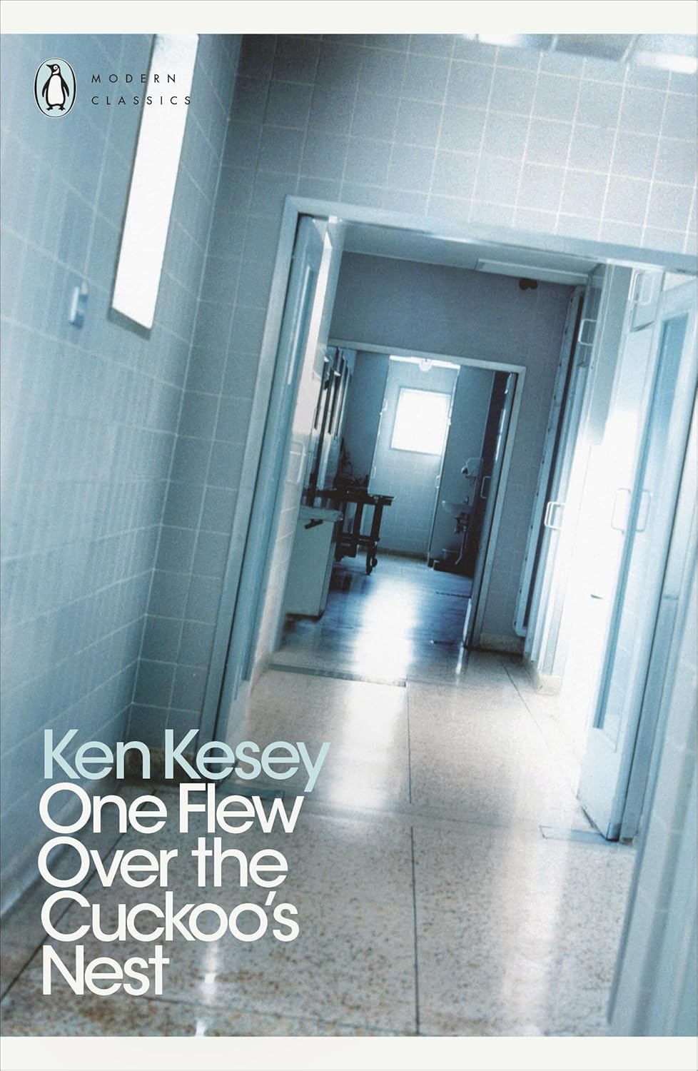 Book cover: "One Flew Over the Cuckoo's Nest" with a hospital corridor image.
