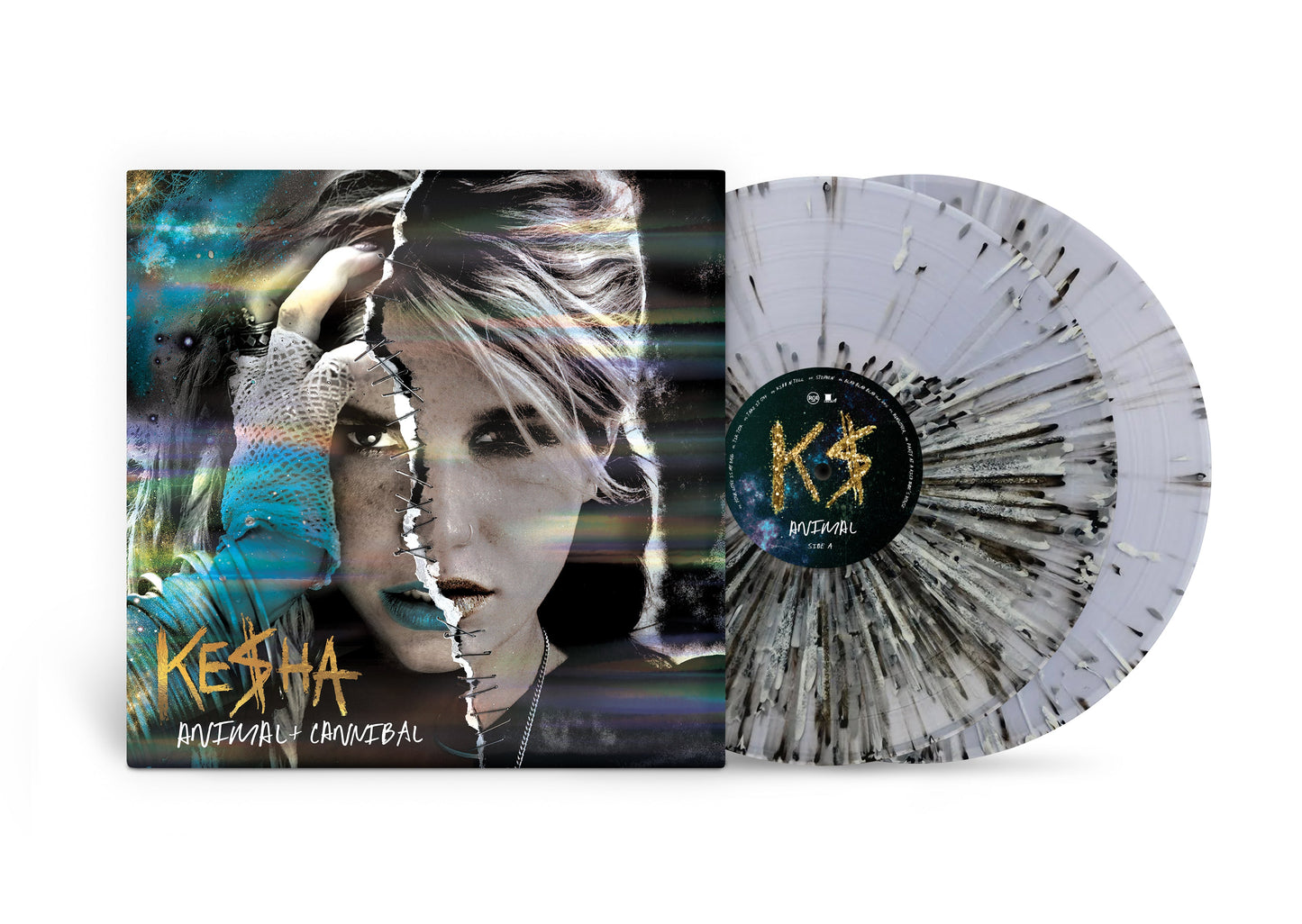Kesha’s “Animal + Cannibal” 15th anniversary vinyl record with marbled white coloring.