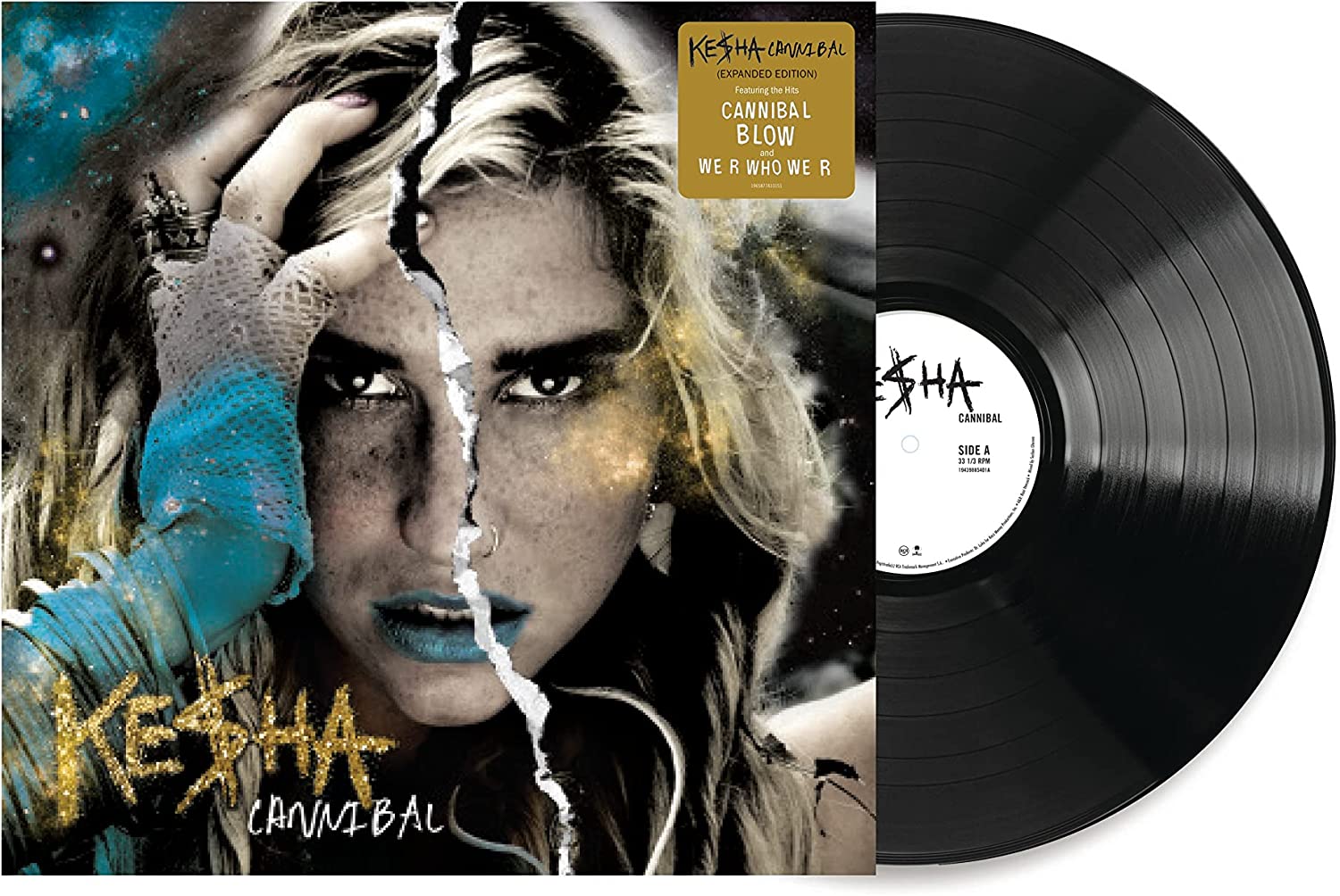 "Vinyl record and album cover featuring Kesha's face with a split design."
