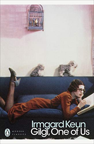 Book cover: woman reading with dogs, birdcage, muted pink and blue tones.