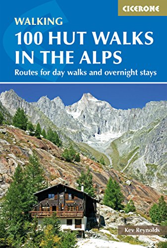 Book cover: “100 Hut Walks in the Alps” with mountain and hut image.