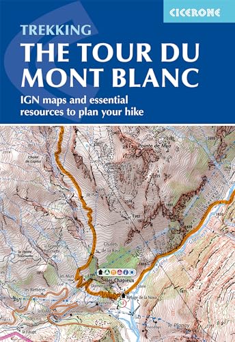 Book cover with topographic map detail of the Tour du Mont Blanc hike.