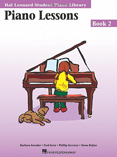 Cover of Piano Lessons Book 2 showing a child playing piano with a dog.