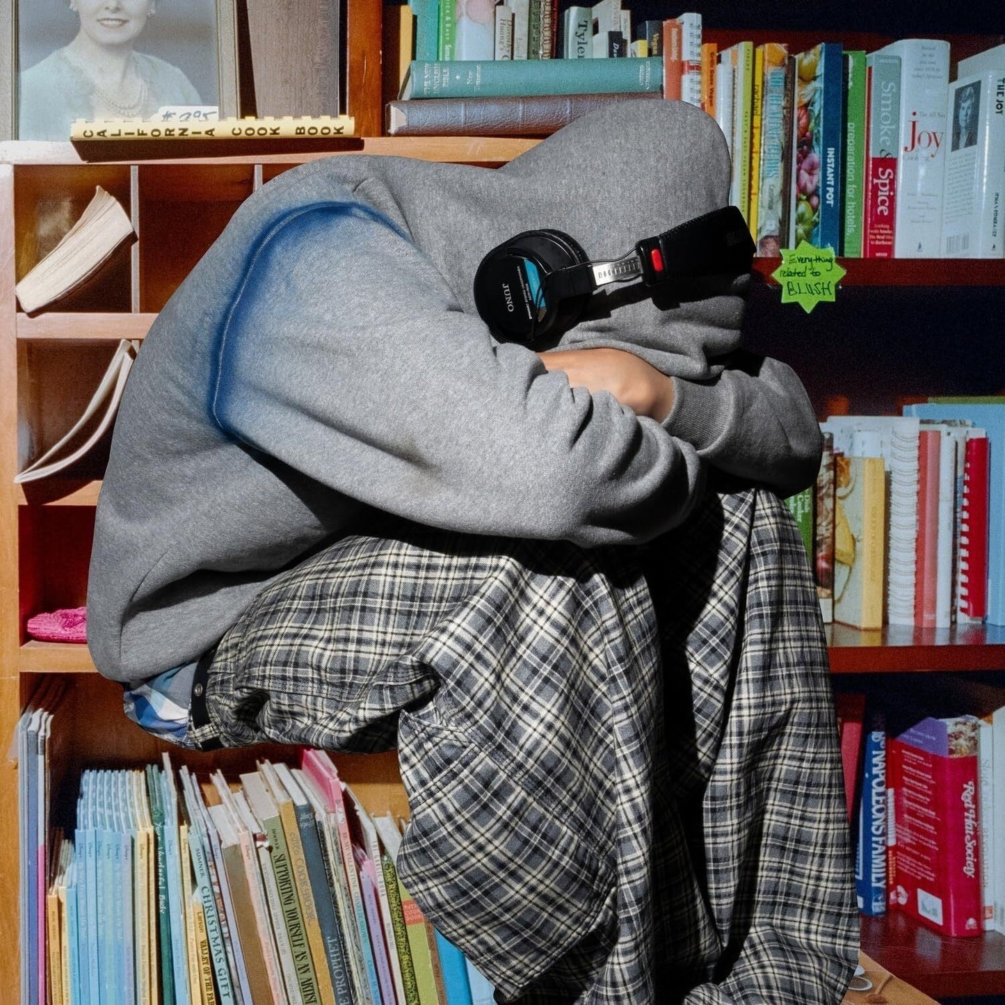 Album cover for Kevin Abstract’s “Blush” featuring a person obscured by books.
