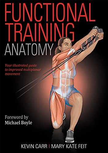 Book cover: "Functional Training Anatomy" with illustrated muscular system image.