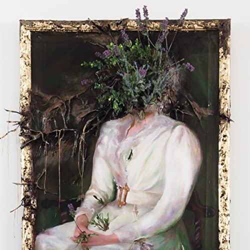 Painting of a person with flowers obscuring the face, in a gold frame.