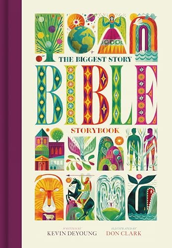 The Biggest Story Bible Storybook cover with colorful, stylized illustrations of biblical scenes.