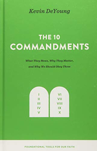Green book cover with white text: "The 10 Commandments" and tablet illustration.