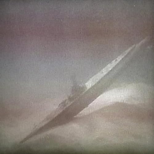 Abstract album cover with a diagonal white stripe on a mauve background.
