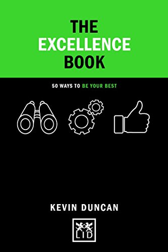 Black book cover with white text: "The Excellence Book" and graphic icons.