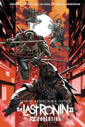 Four ninja turtles in tactical gear leap against a red, urban sunset background.