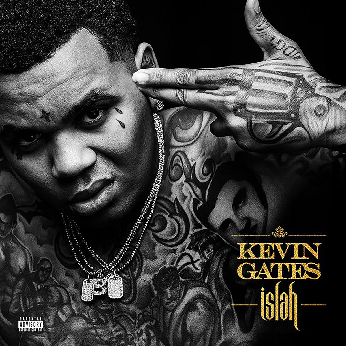Black and white portrait of Kevin Gates with extensive tattoos, album "Islah".