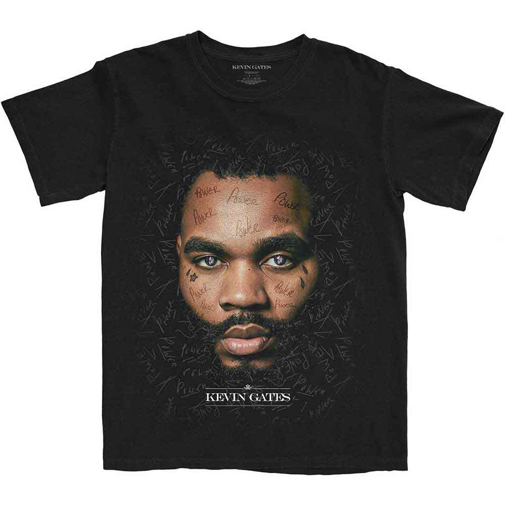 Black t-shirt with portrait of Kevin Gates and repeating text design.