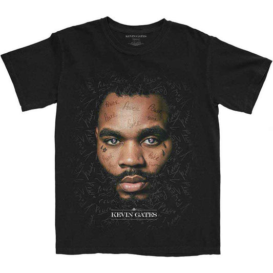 Black t-shirt with portrait of Kevin Gates and repeating text design.