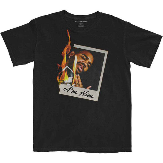 Black t-shirt with a Polaroid-style image of Kevin Gates and flames.