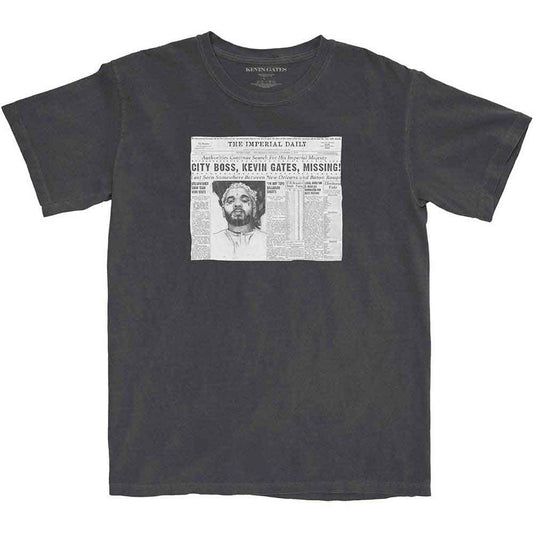 Dark gray t-shirt with a newspaper print featuring Kevin Gates.