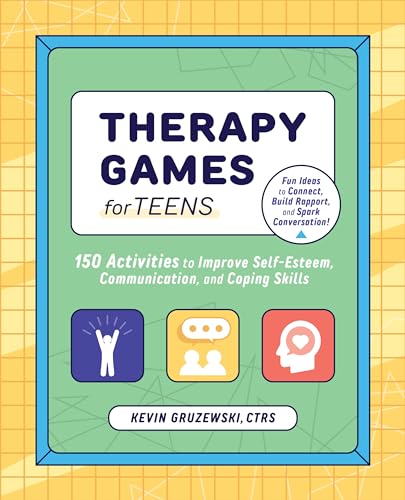 Green book cover with "Therapy Games for Teens" title and icon illustrations.