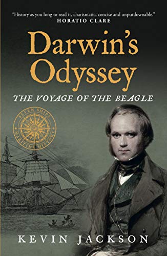Book cover: "Darwin's Odyssey" with portrait of Charles Darwin and a ship.
