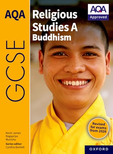 Textbook cover: "AQA GCSE Religious Studies A Buddhism," featuring a smiling monk.