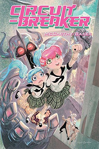 Comic book cover: two girls and a large robot with glowing eyes.