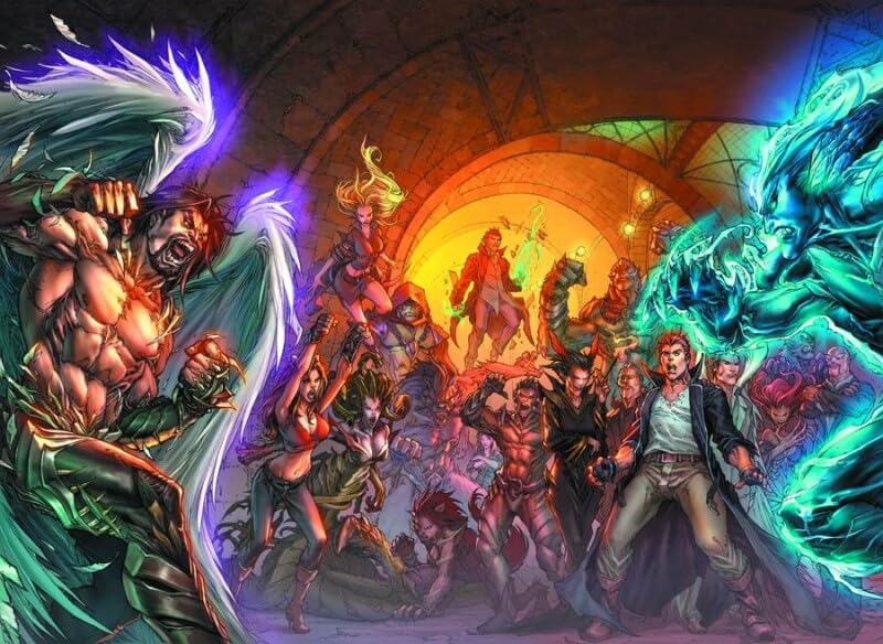 Fantasy illustration of diverse characters facing off in a stone corridor.