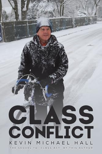 Book cover: "Class Conflict" with a man pushing a bicycle in snow.