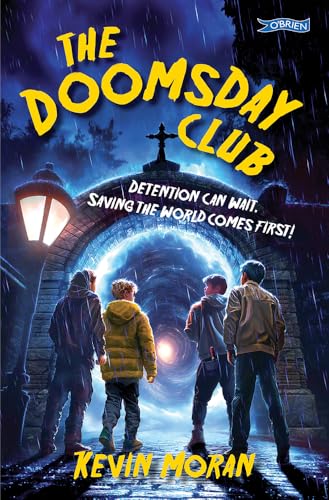 Four children stand before a glowing stone archway in a dark, rainy setting.