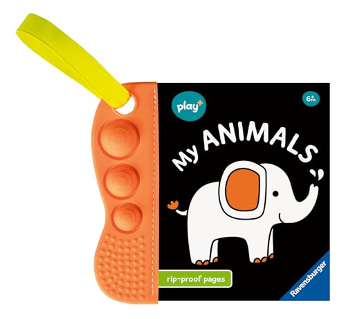 Orange and black baby book with an elephant and yellow handle.