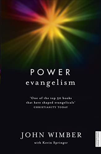Book cover: "Power Evangelism" by John Wimber, with colorful starburst design.