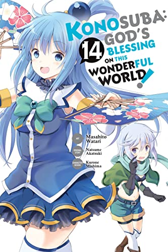 Konosuba volume 14 manga cover featuring anime girl with blue hair.
