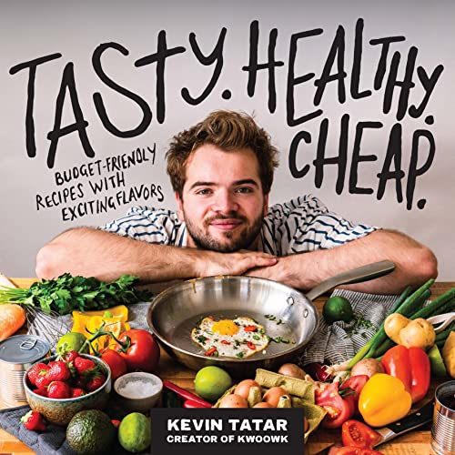 Cookbook cover with man, fried egg, and colorful fruits and vegetables.