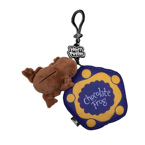 Brown plush frog keychain with a purple and gold Chocolate Frog package.