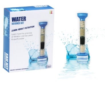 Water Science Kit box and filtration tower with splashing water.