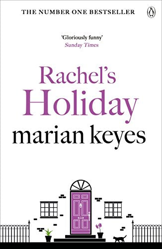 Book cover: "Rachel's Holiday" by Marian Keyes, purple background, flip-flops.