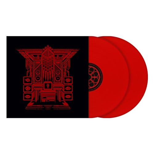 Red vinyl record with black and red church-shaped album cover.