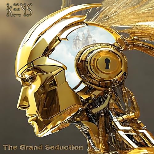 Golden robotic head with a keyhole, castle in the background.