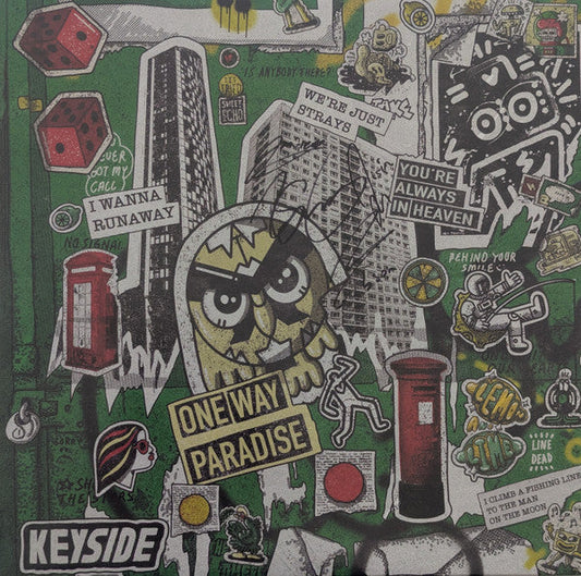 Collage of urban imagery, text, and stickers on a green background.