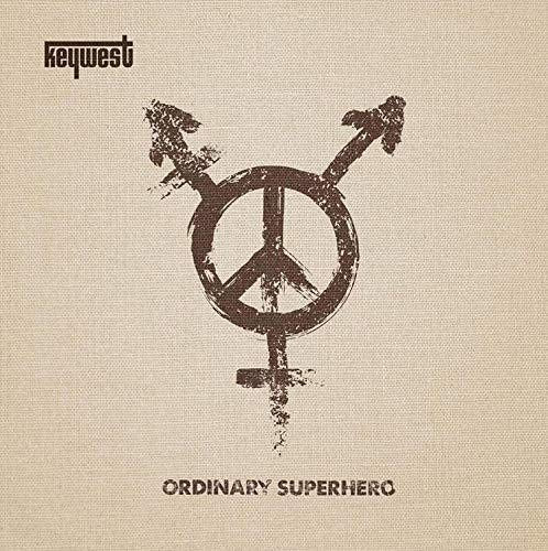 "Album cover with a grunge-style peace sign and male symbol on beige background."