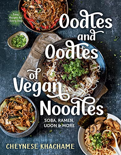 Book cover showing multiple bowls of vegan noodle dishes on a dark textured surface.