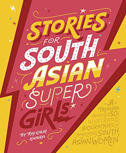 Book cover titled Stories for South Asian Supergirls against a yellow and red background.