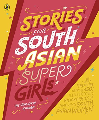Book cover with colorful, stylized text: "Stories for South Asian Supergirls.